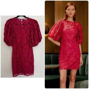 Farm Rio Pink Flowered Lace Puff Sleeve Lined Mini Dress